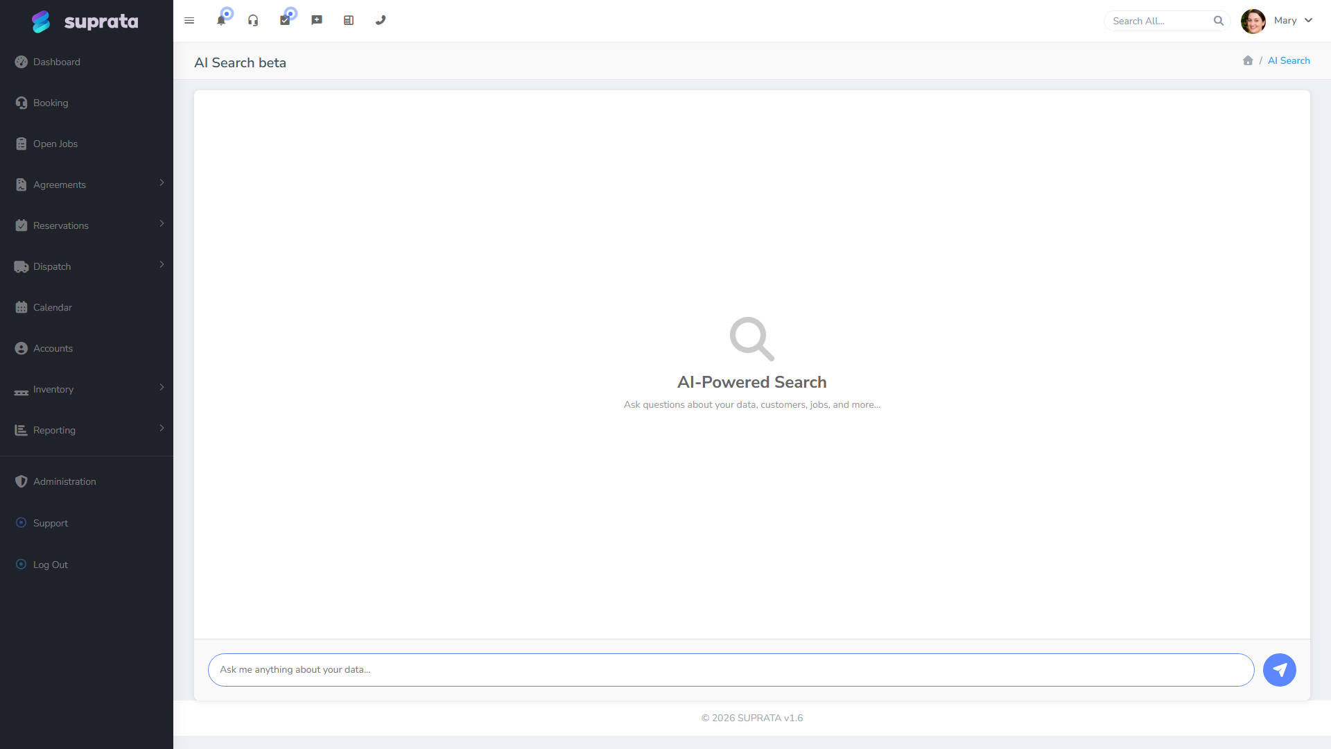 AI search interface showing a question and the resulting answer drawn from across the business data