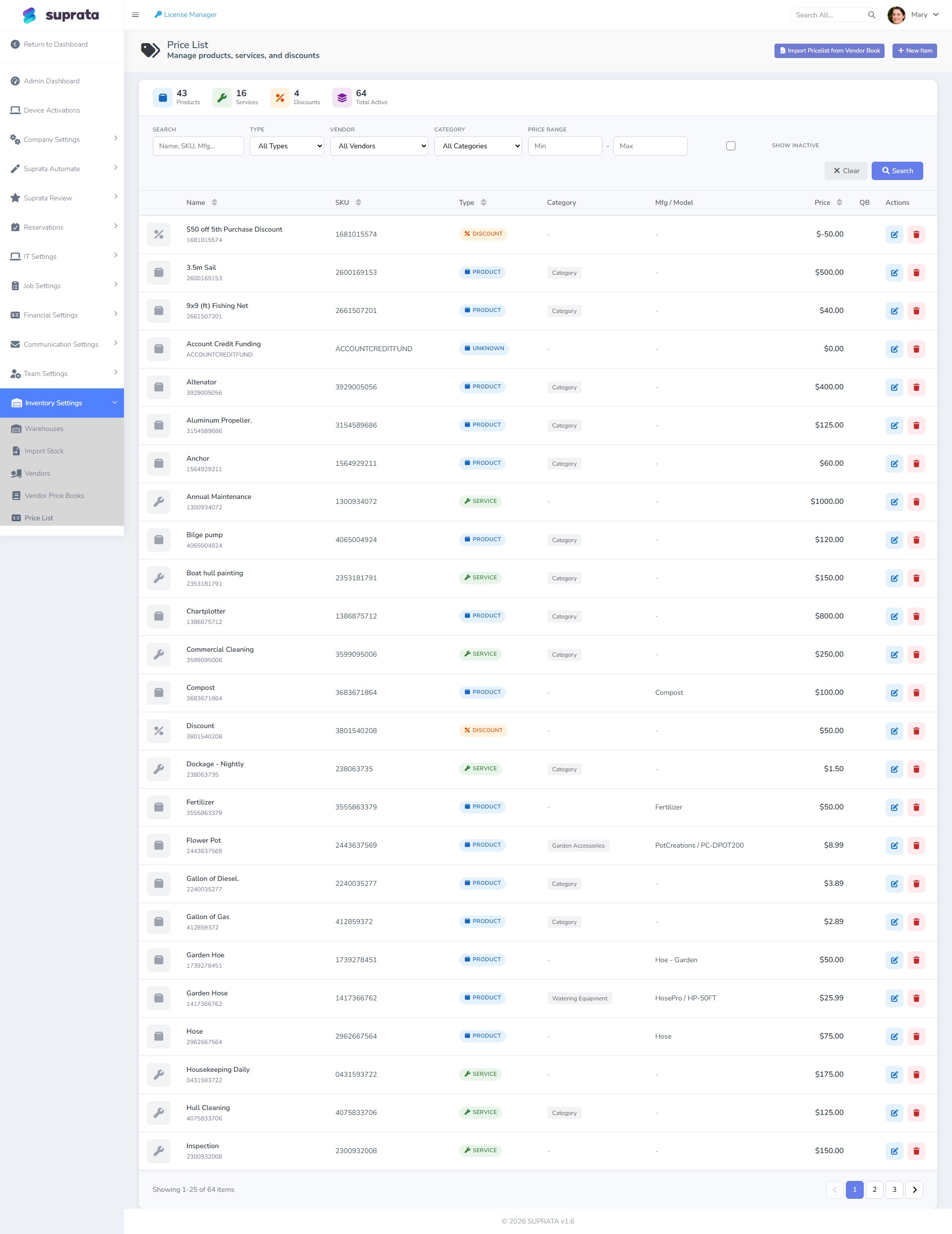 The pricelist editor — every item your business sells, with cost, price, and tax category
