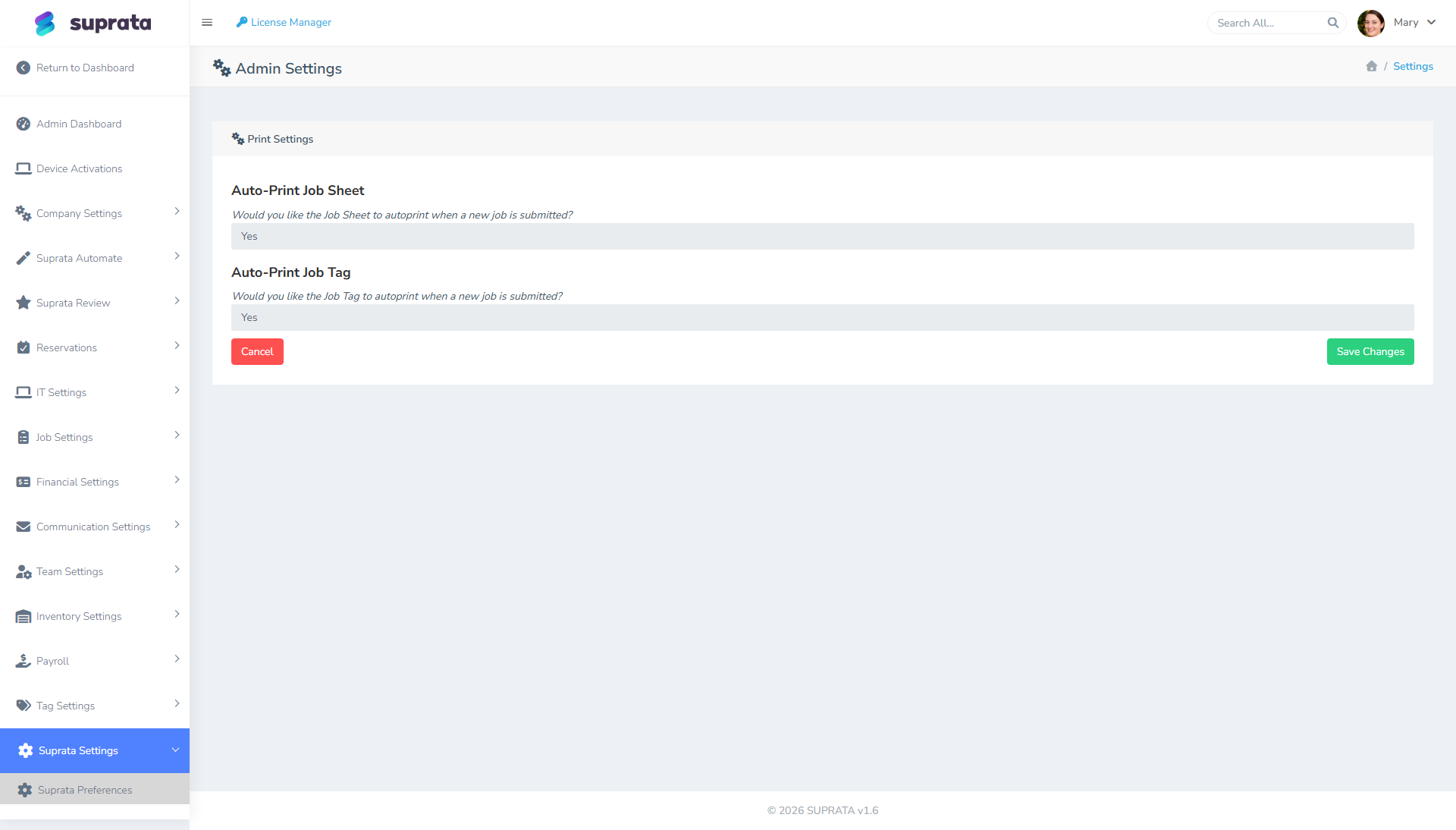 Print settings — invoice and statement footer text