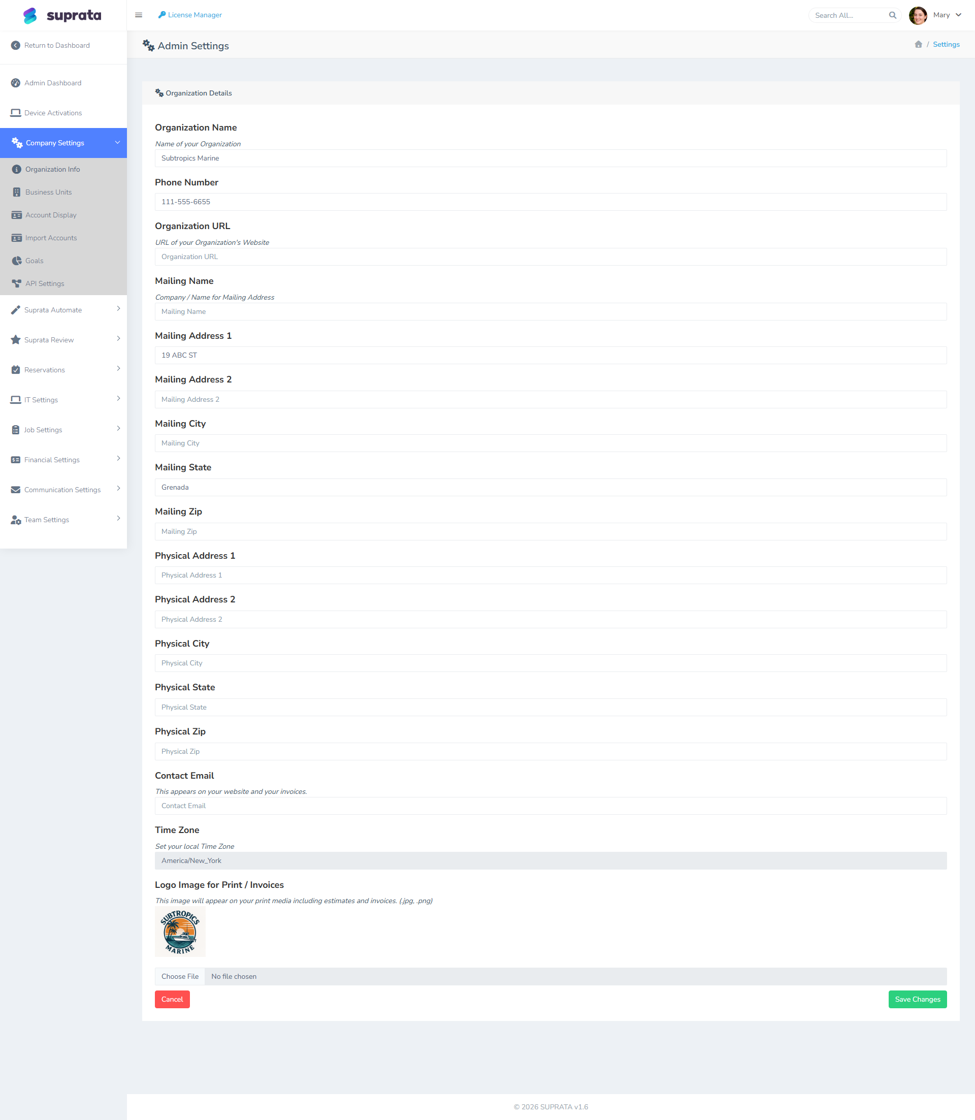 Company Settings — the timezone and main brand info; business units extend from here
