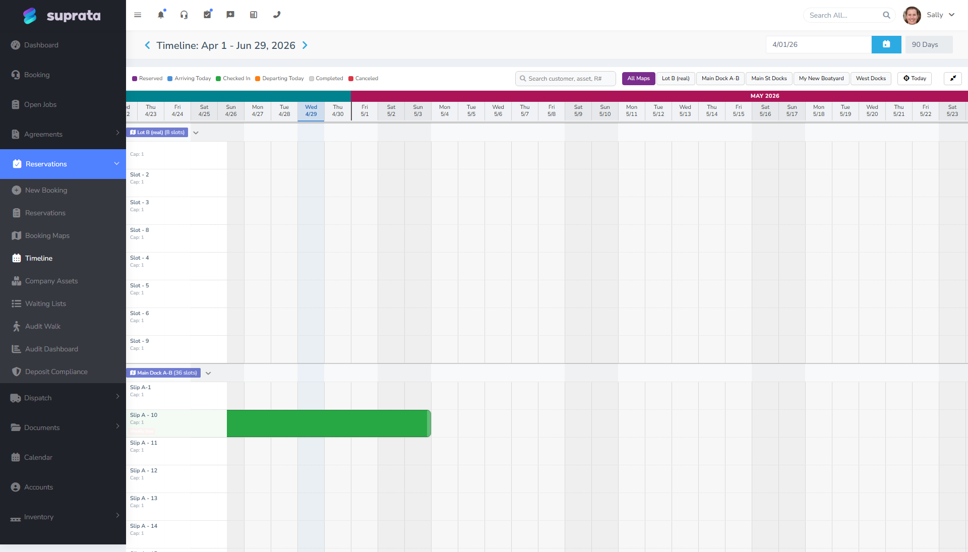 The timeline view — a horizontal axis of dates, a row per asset, blocks for reservations