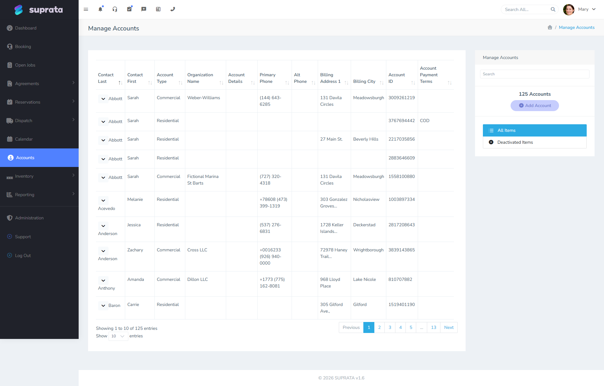 The accounts list — what populated customer data looks like after a clean import