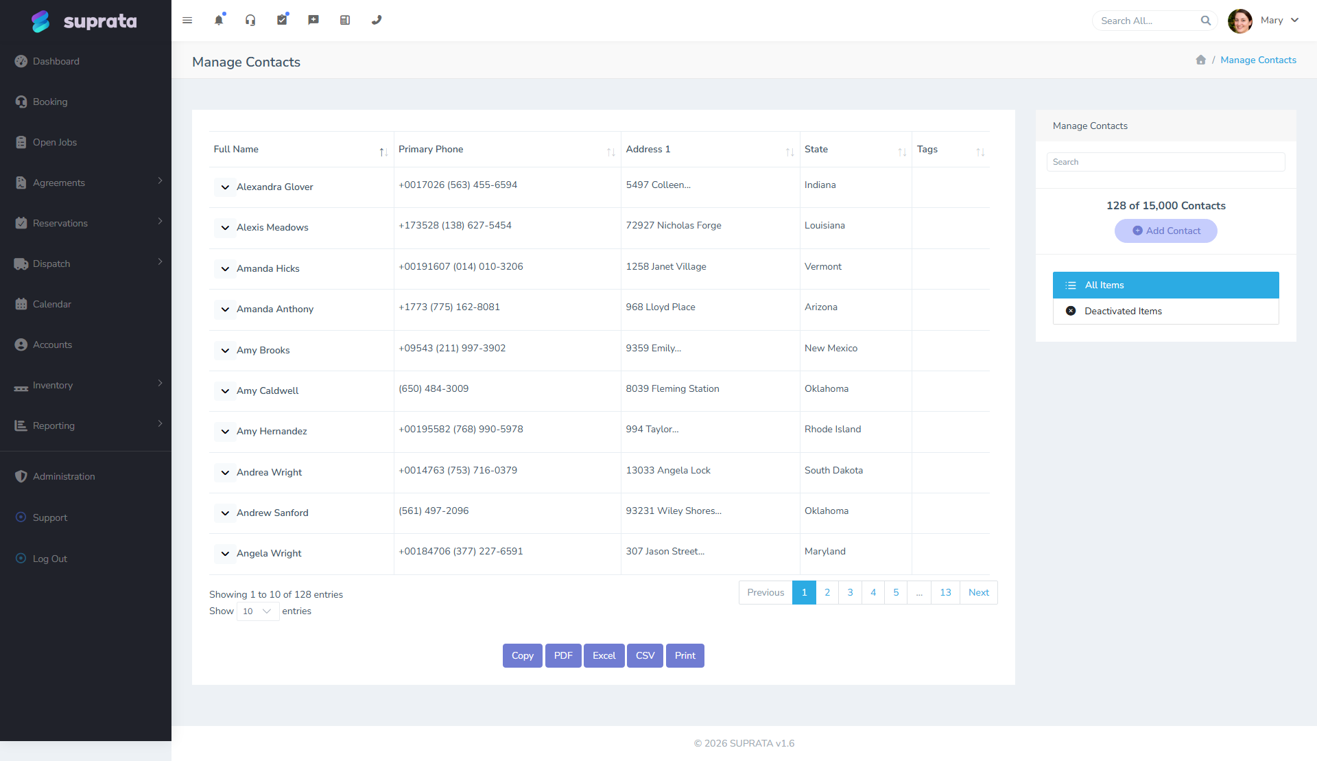 The Contacts list — useful for spotting duplicate people across accounts