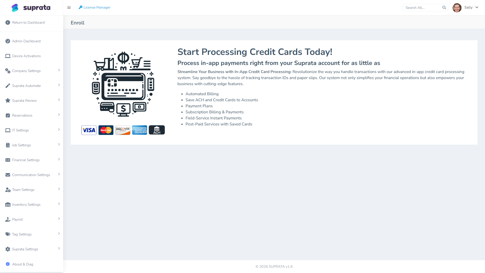 Suprata's payment processor enrollment page