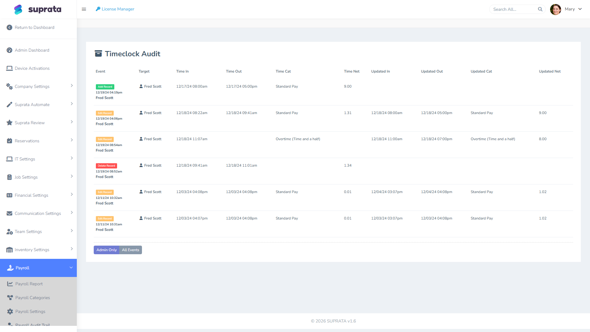 The time audit screen — every edit to a punch is recorded here