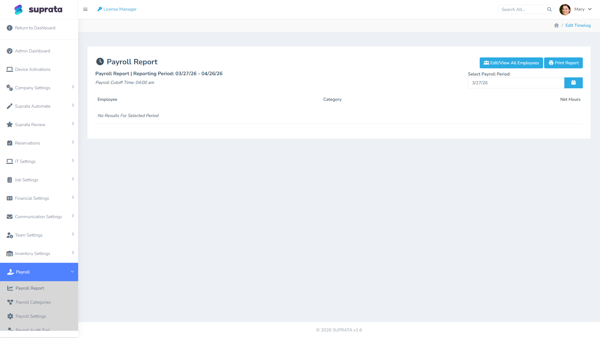 The time clock report — totals by user, broken out by time type, for a date range