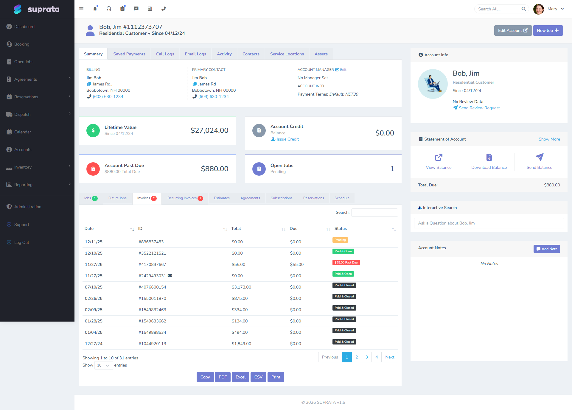 The Invoices sub-tab on an Account showing all the customer's invoices