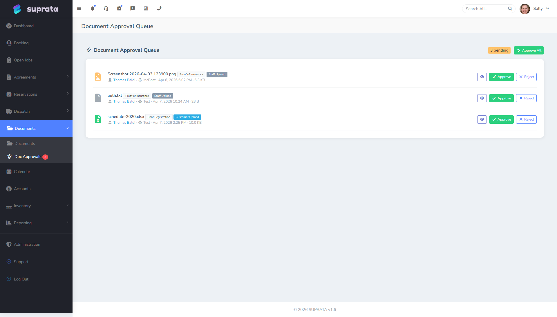 The document approval screen — pending approvals, approver list, and decision history