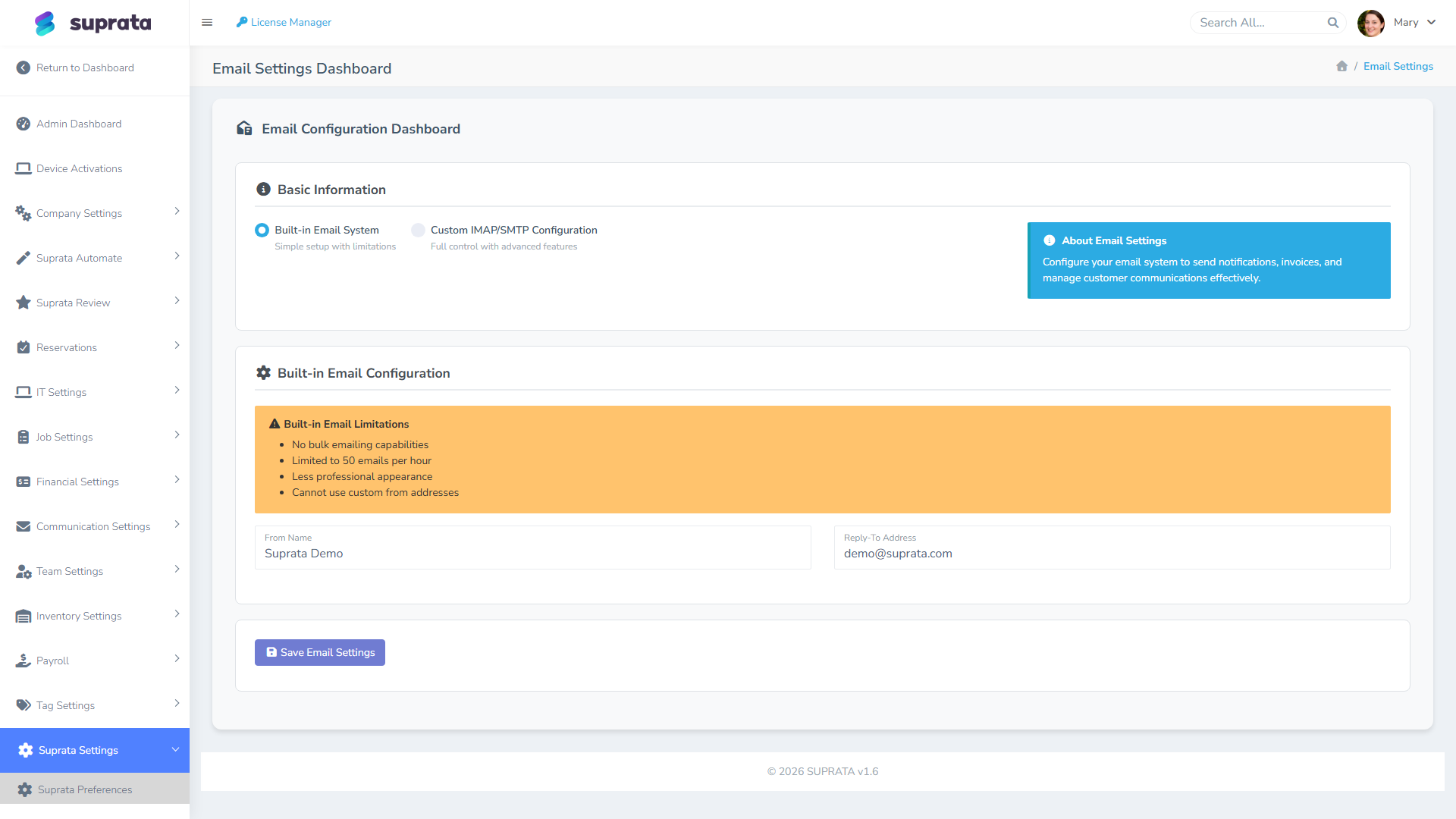 The Email Configuration screen — verifying your SMTP setup is one half; the DNS records on your domain are the other