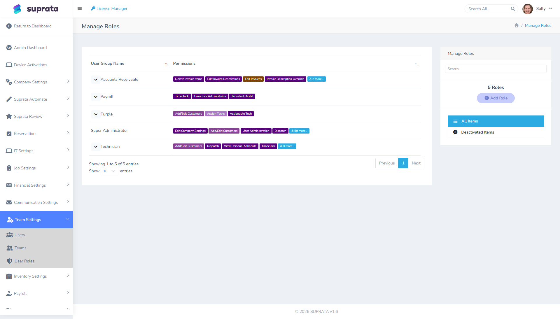 The Manage Roles screen