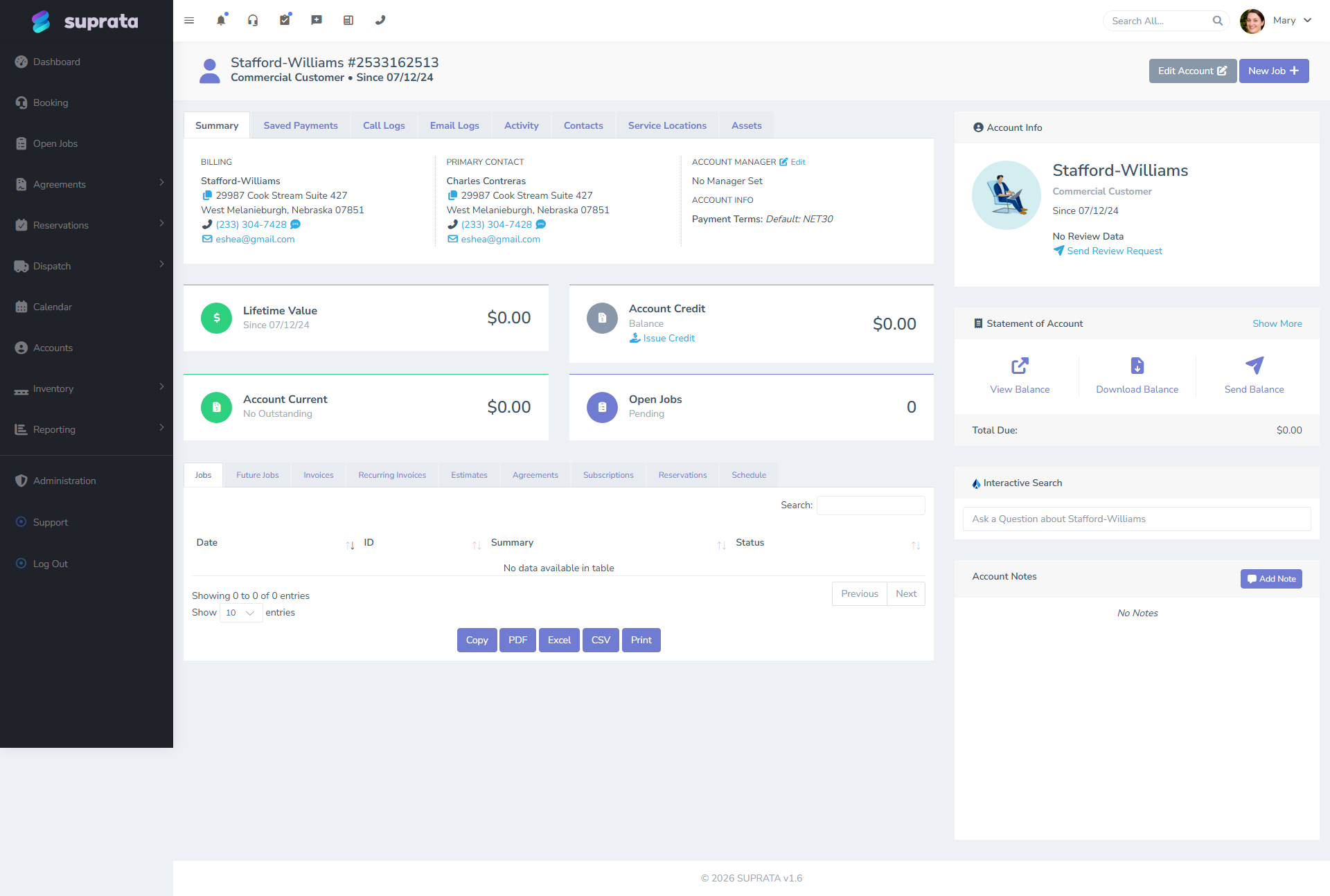 A commercial account dashboard — multiple contacts, organization-level identity