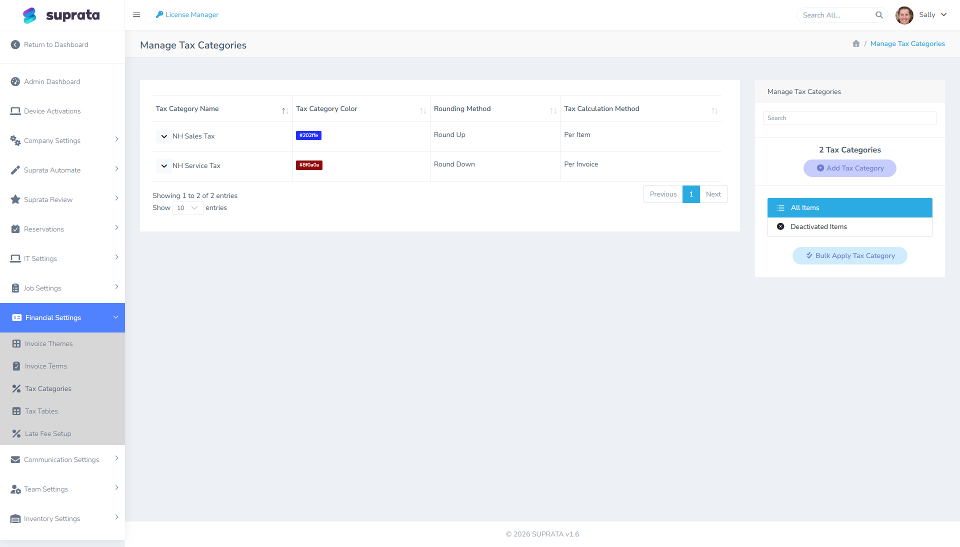 The Tax Categories screen