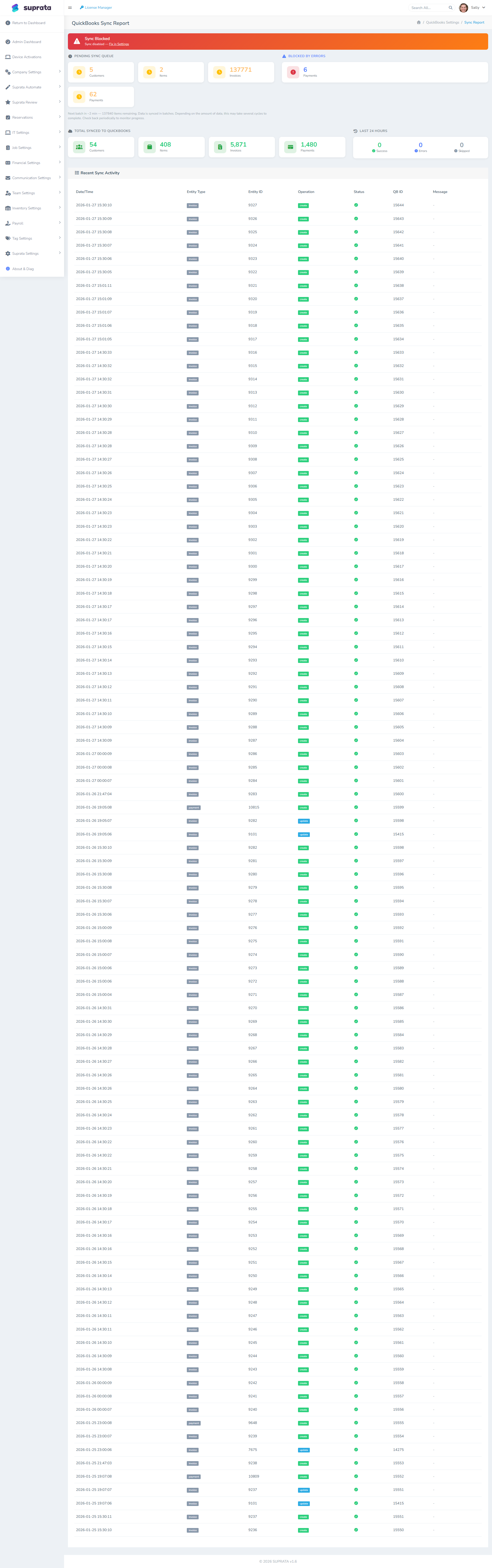 The QuickBooks sync report — record-by-record sync status