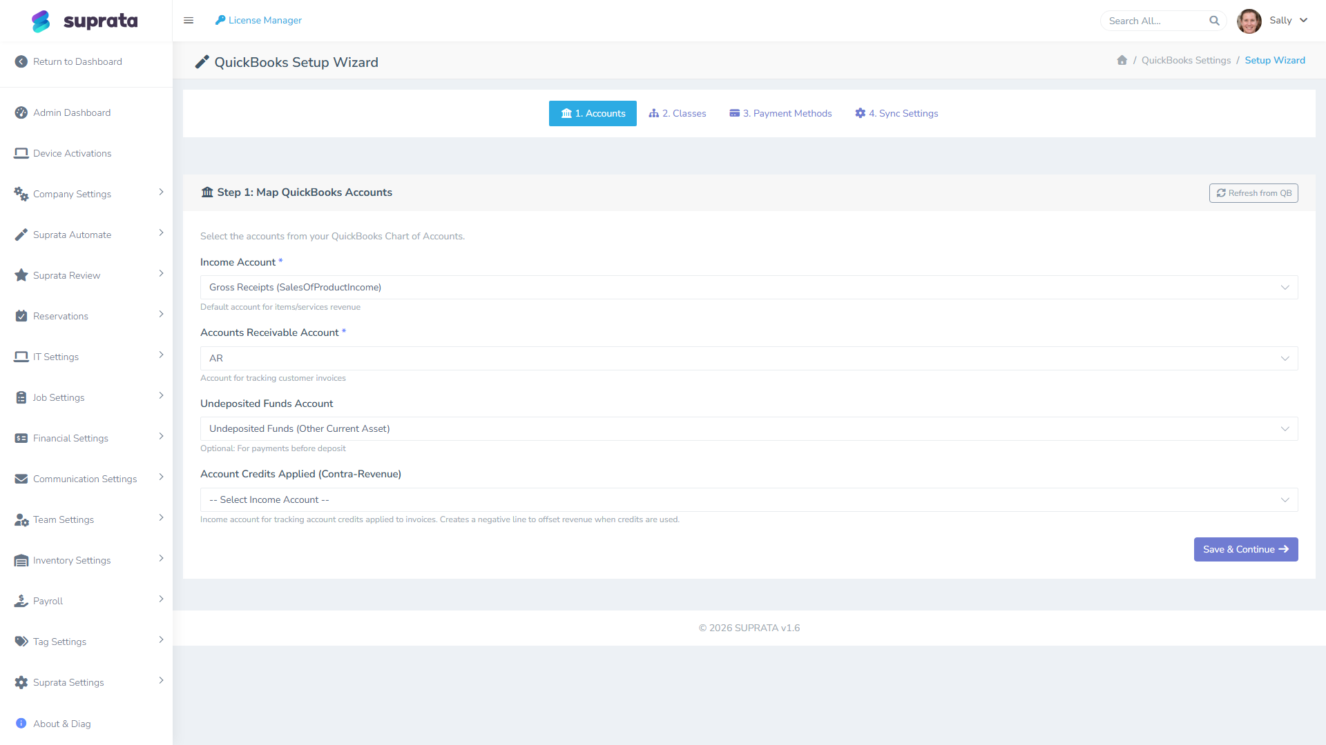 The QuickBooks Setup Wizard — Step 1, mapping accounts