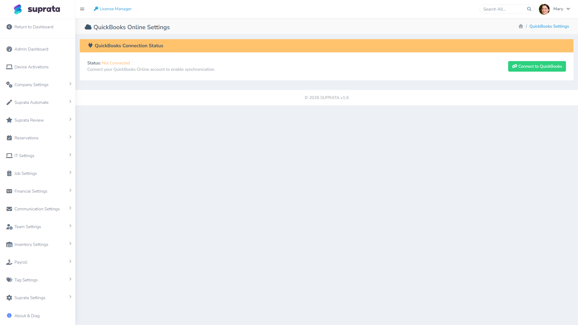 The QuickBooks settings screen — tax mapping is configured here, alongside class and account mappings