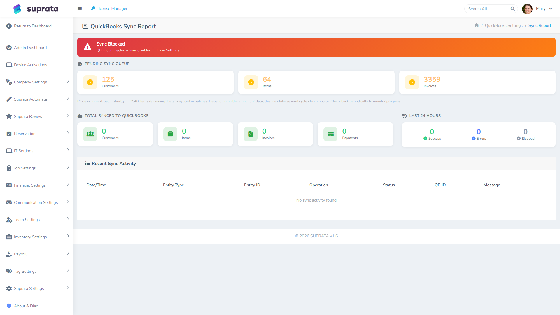 The QuickBooks sync report — each row is one sync attempt with status and reason