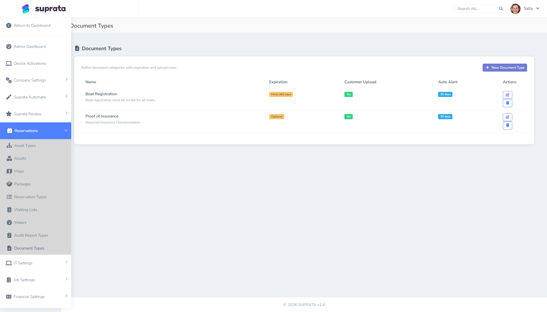 The document types catalog — define each kind of document you might require, then assign to asset types