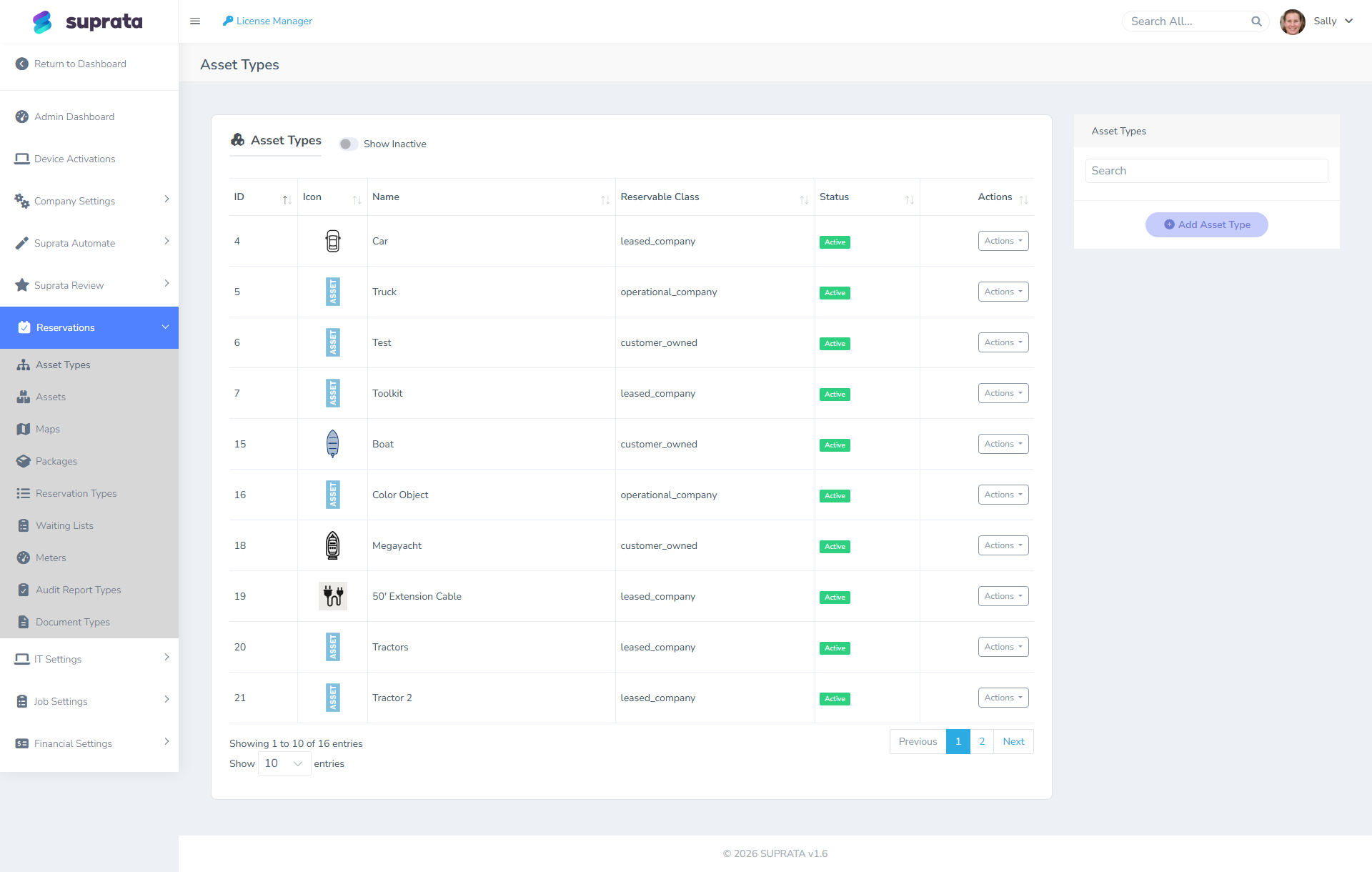 The asset types catalog — each row defines a category your individual assets belong to