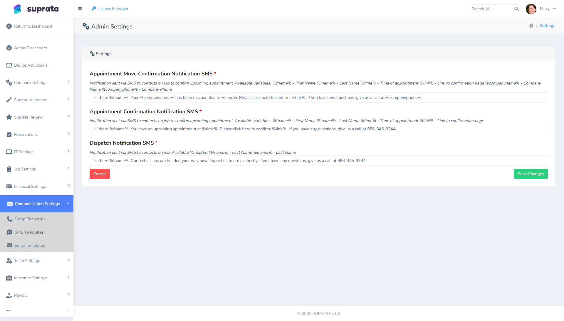 The phone settings screen — where Twilio connection and SMS templates live