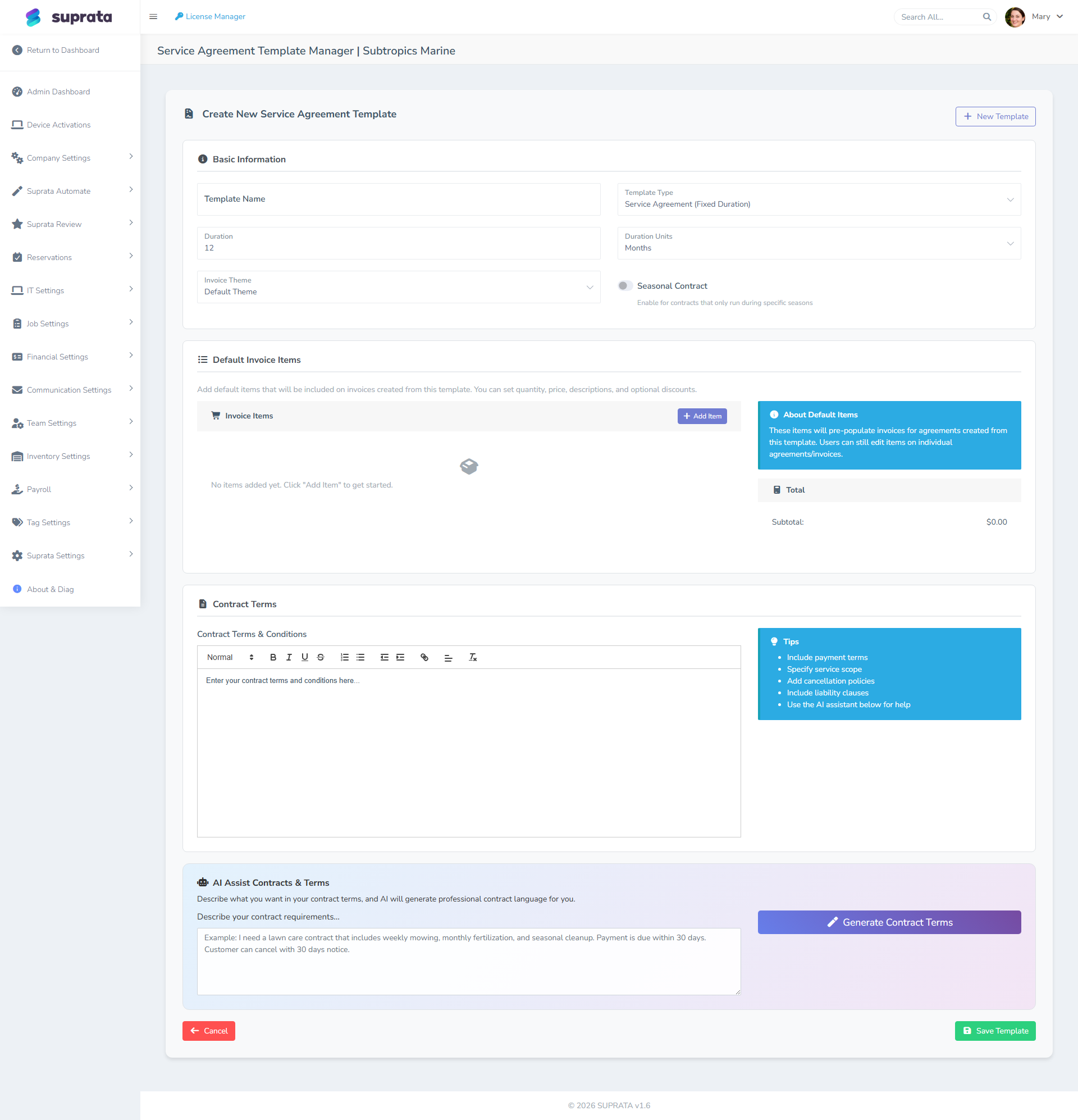 Service agreement template builder