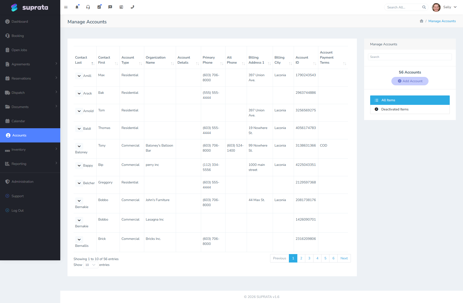 The Accounts list — billable entities