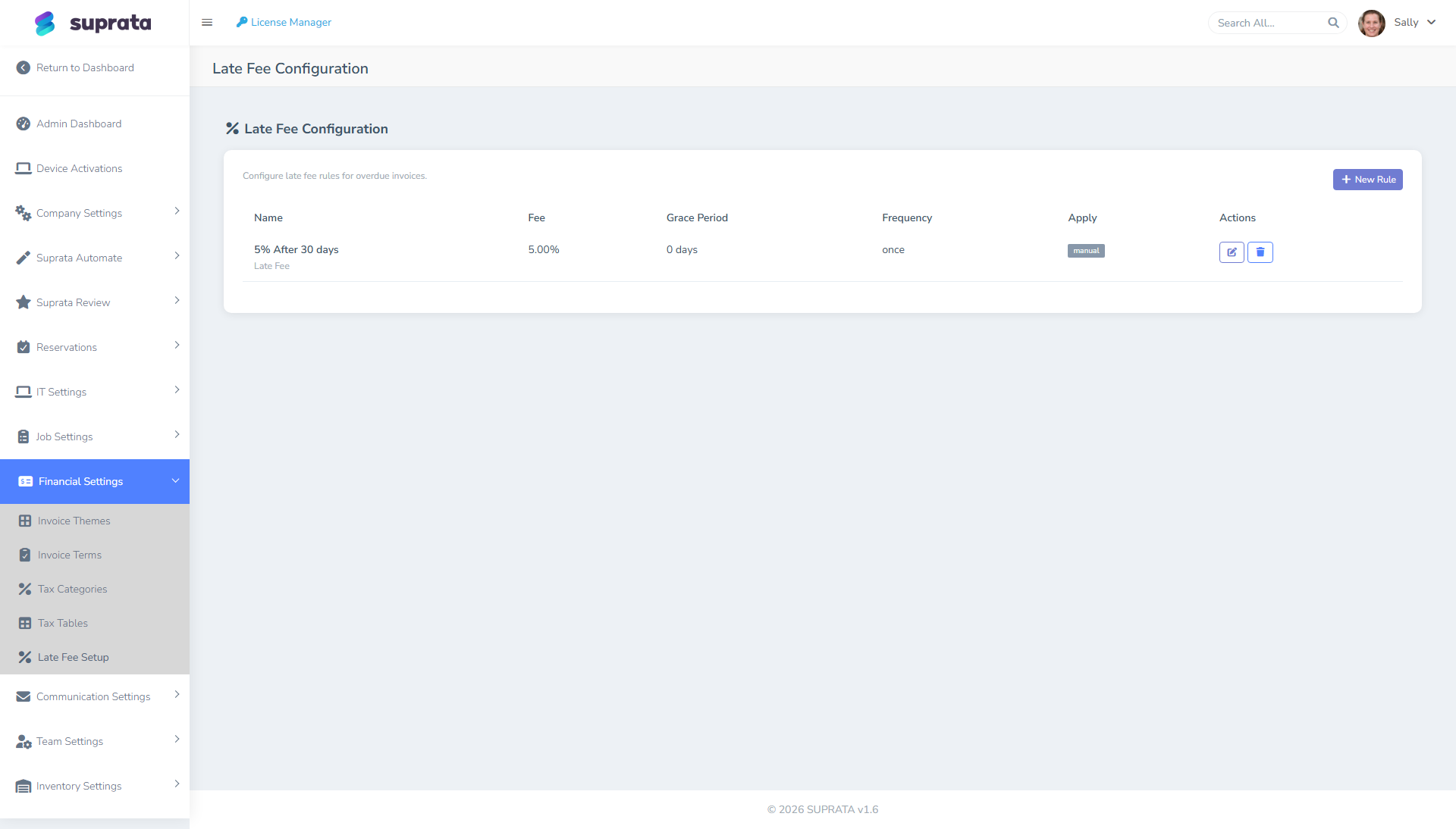 The late fees configuration screen — global rules and per-type overrides