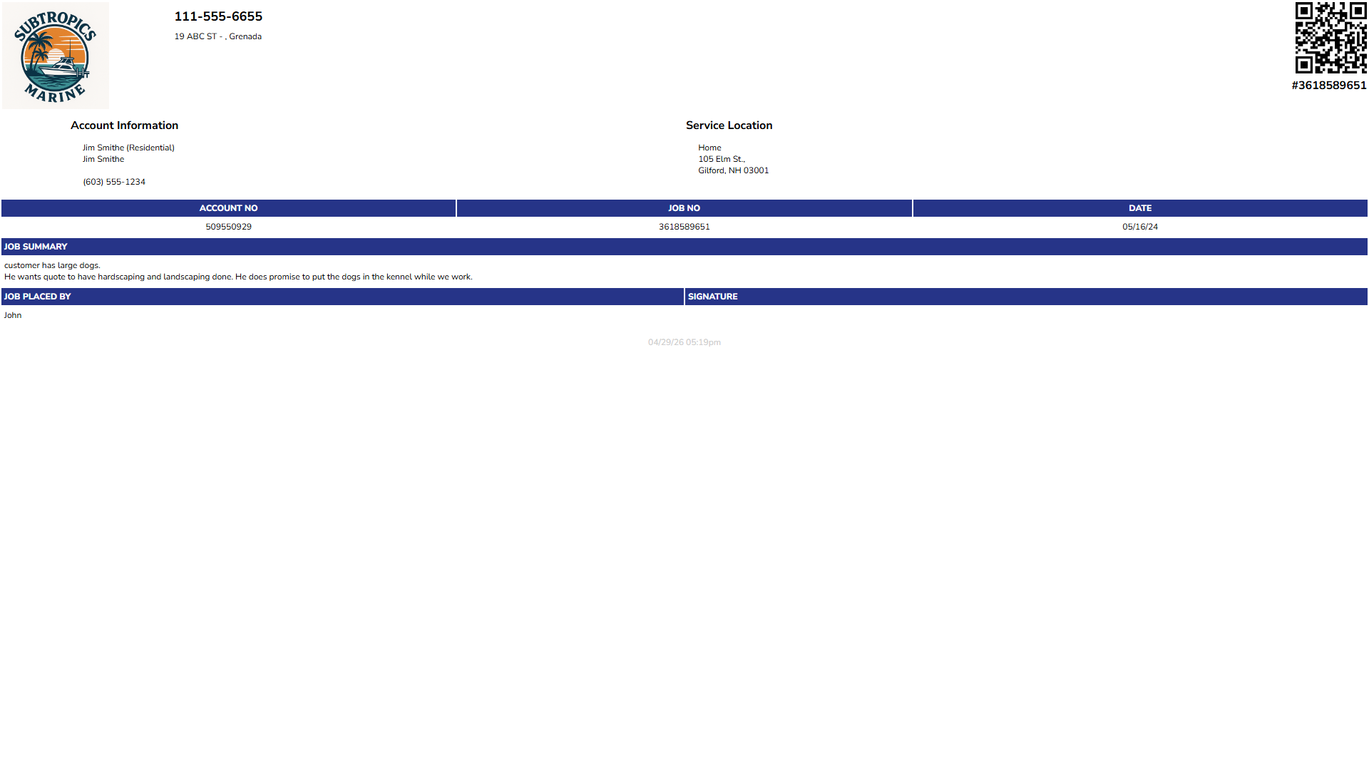 A sample printed work order — paper-laid-out, header, summary, signature blocks