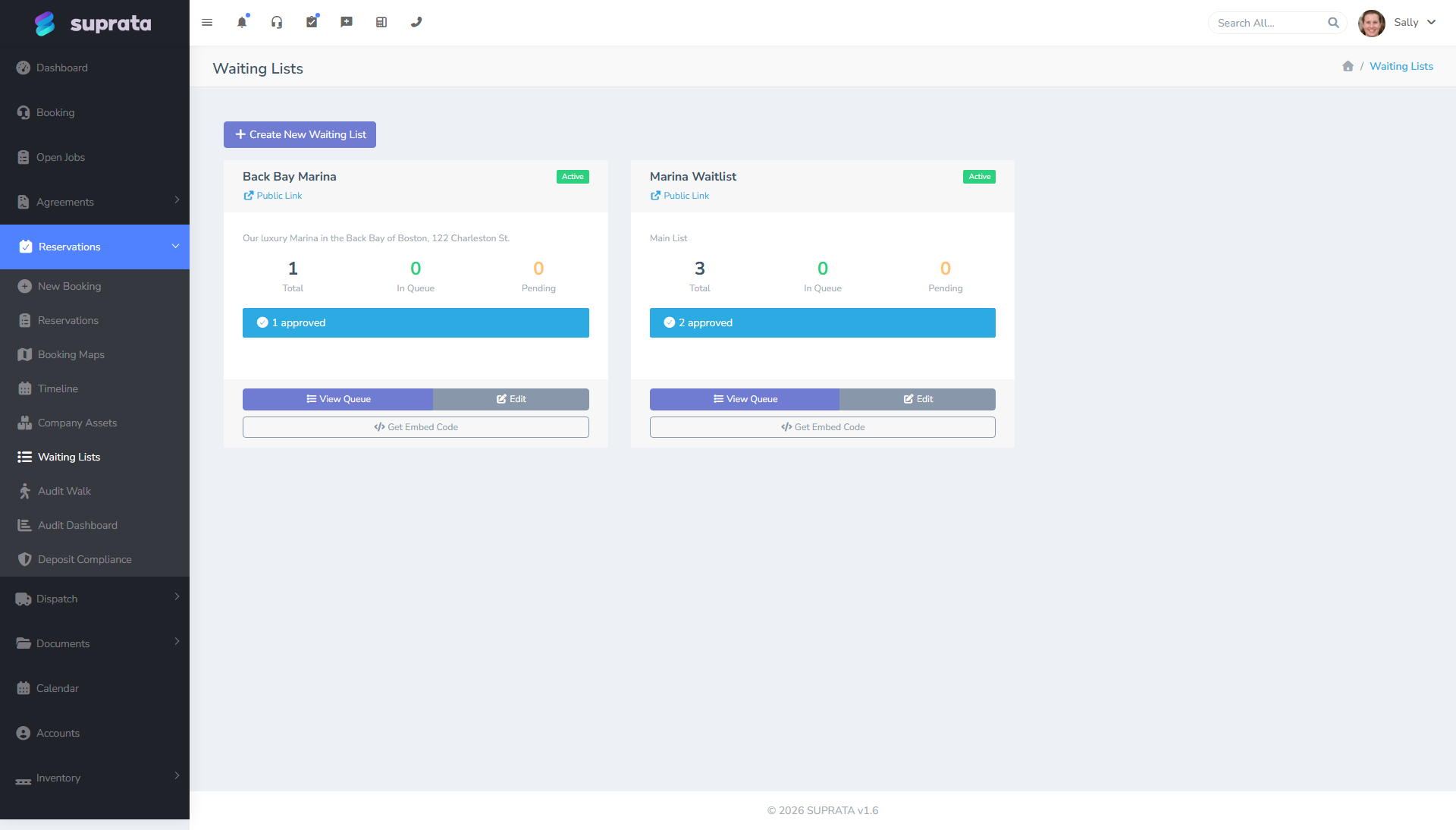 The waitlist administration screen — manage entries, mark availability, and convert waitlisters to bookings