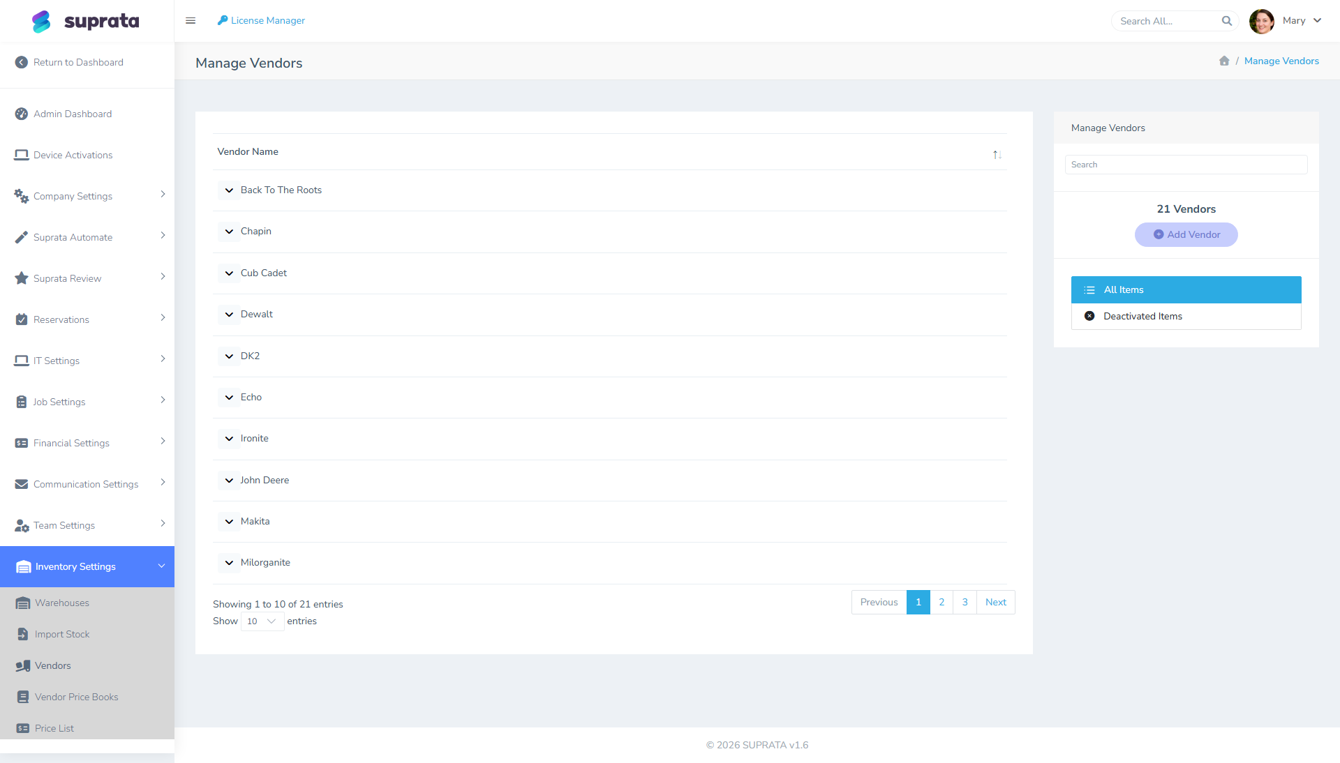 The vendors list